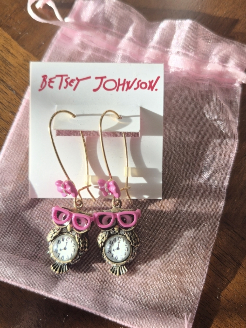 Betsey Johnson "Back To Cool" Owl Clock Dangle Earrings - Picture 2 of 3